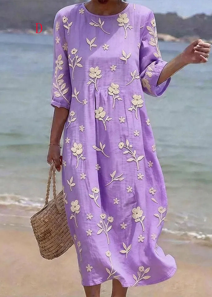 Casual Loose O Neck Print Cotton Long Dress Summer