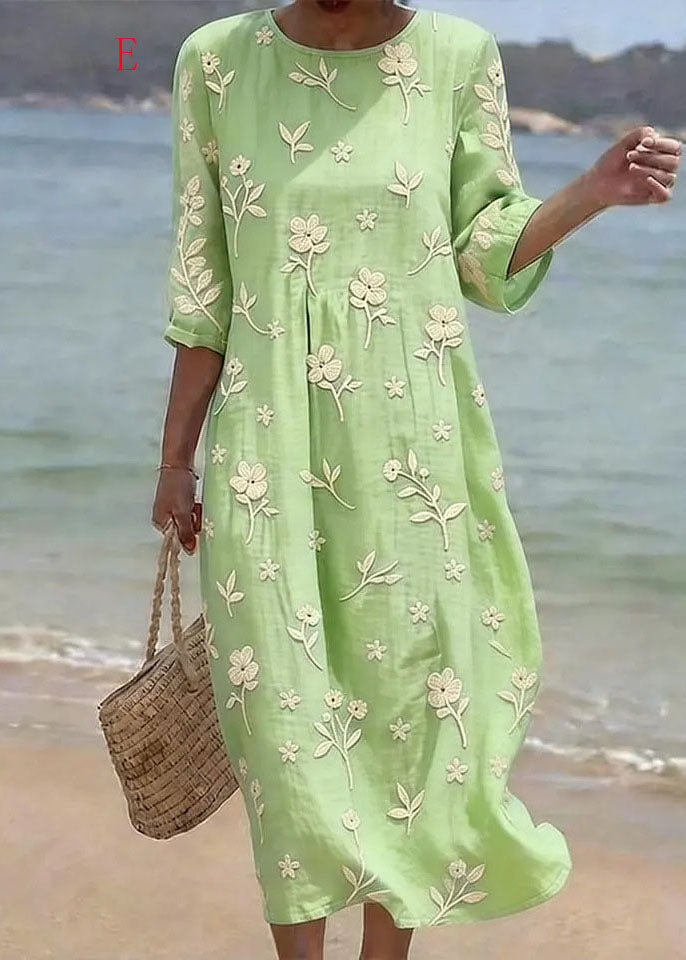 Casual Loose O Neck Print Cotton Long Dress Summer