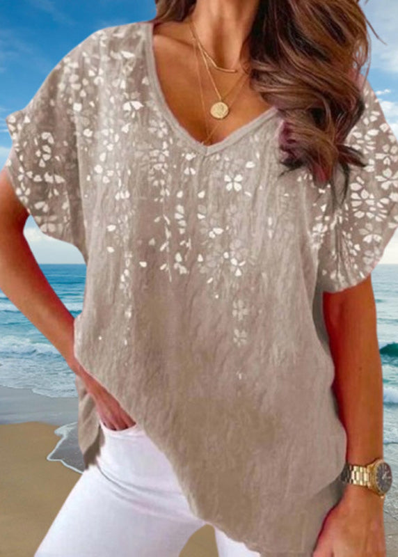Casual Loose V Neck Print Cotton T Shirt Tops Summer