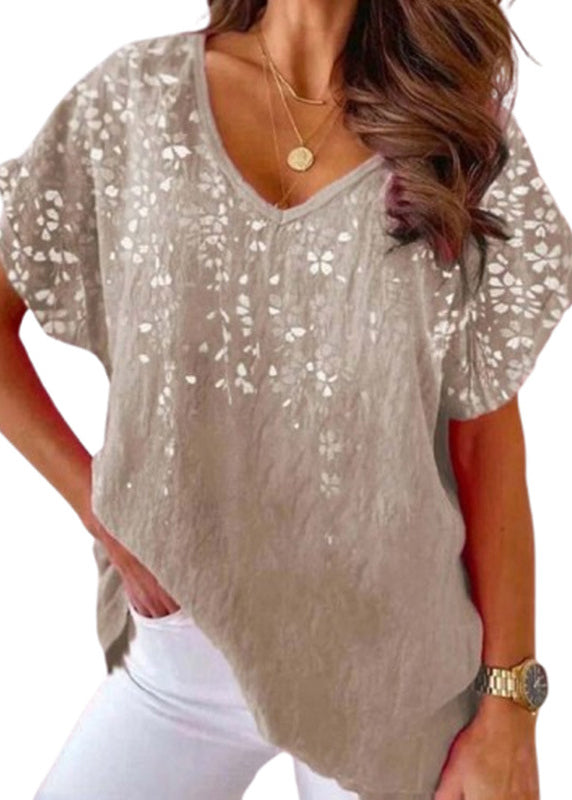 Casual Loose V Neck Print Cotton T Shirt Tops Summer