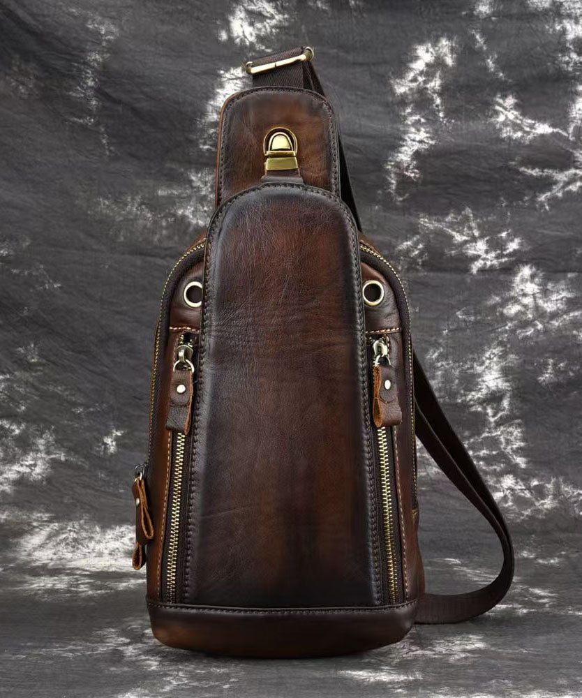 Casual Men's Coffee Calf Leather Patchwork Chest Bag