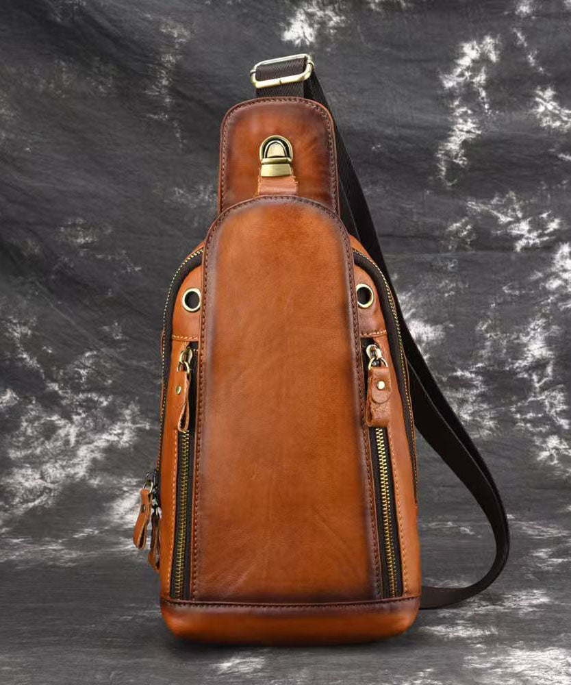Casual Men's Coffee Calf Leather Patchwork Chest Bag