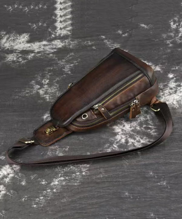 Casual Men's Coffee Calf Leather Patchwork Chest Bag