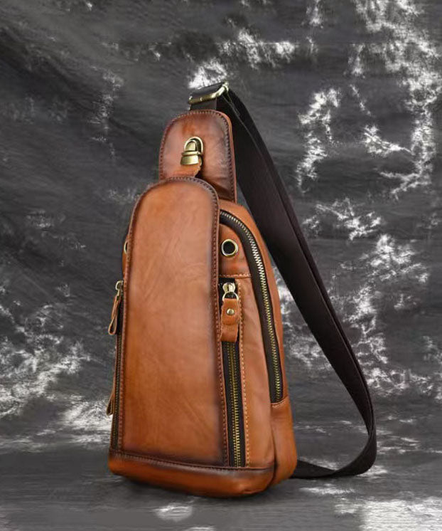 Casual Men's Coffee Calf Leather Patchwork Chest Bag