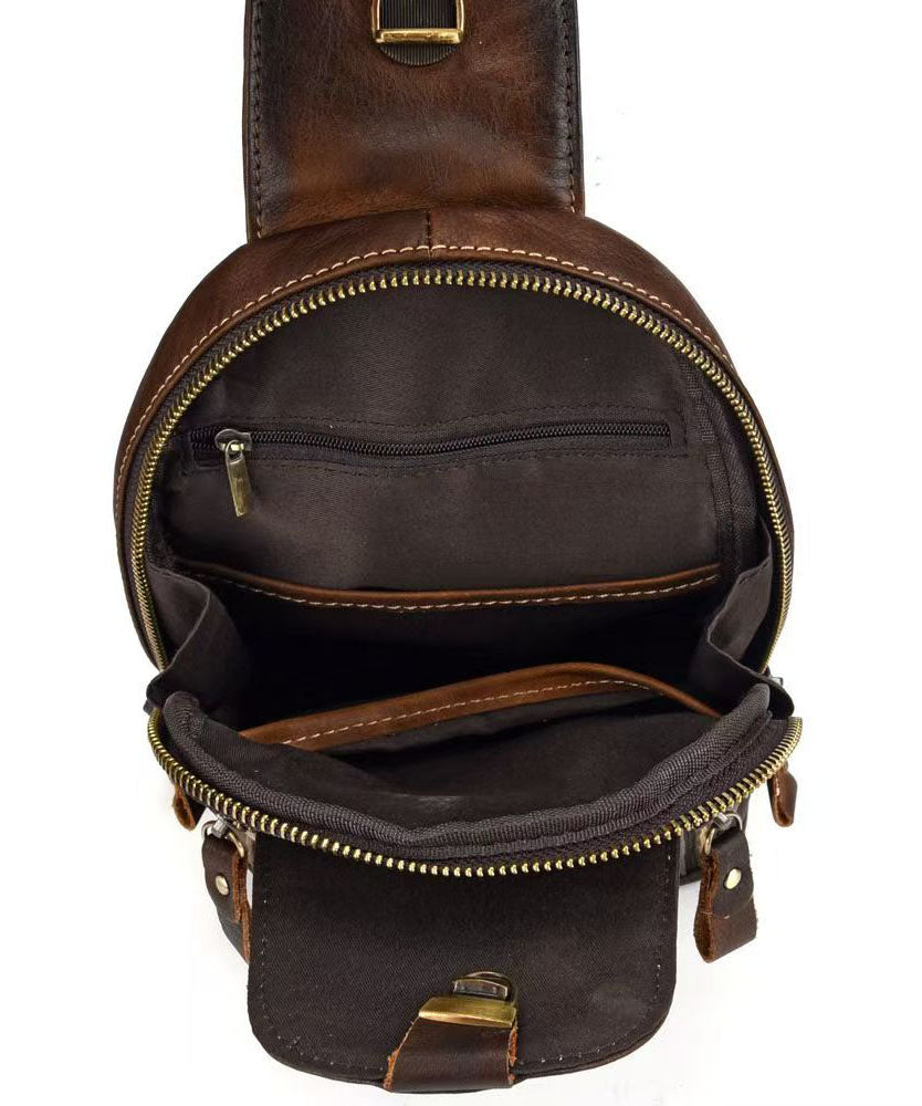 Casual Men's Coffee Calf Leather Patchwork Chest Bag