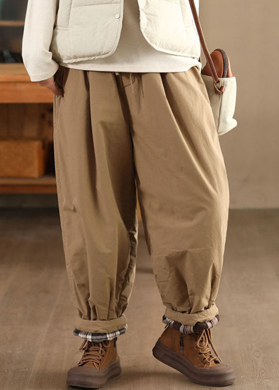 Casual Mulberry Pockets Elastic Waist Warm Fleece Pants Winter