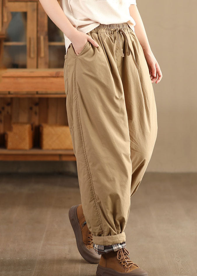 Casual Mulberry Pockets Elastic Waist Warm Fleece Pants Winter