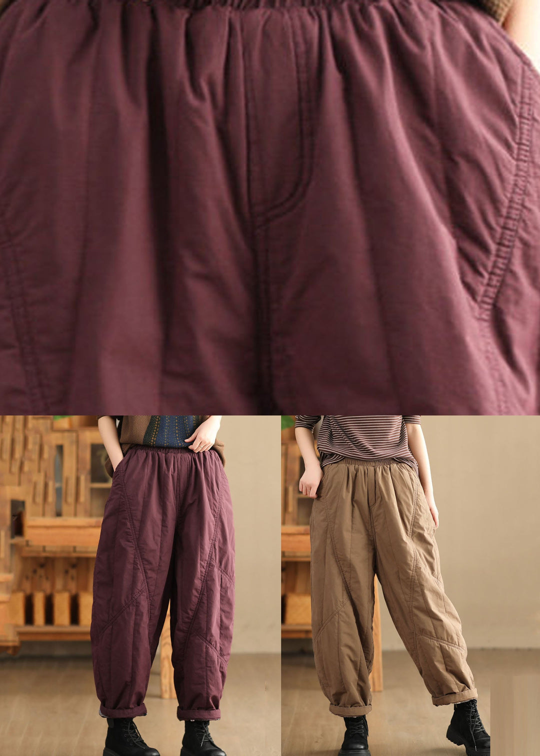 Casual Mulberry Pockets Solid Fleece Harem Pants Winter