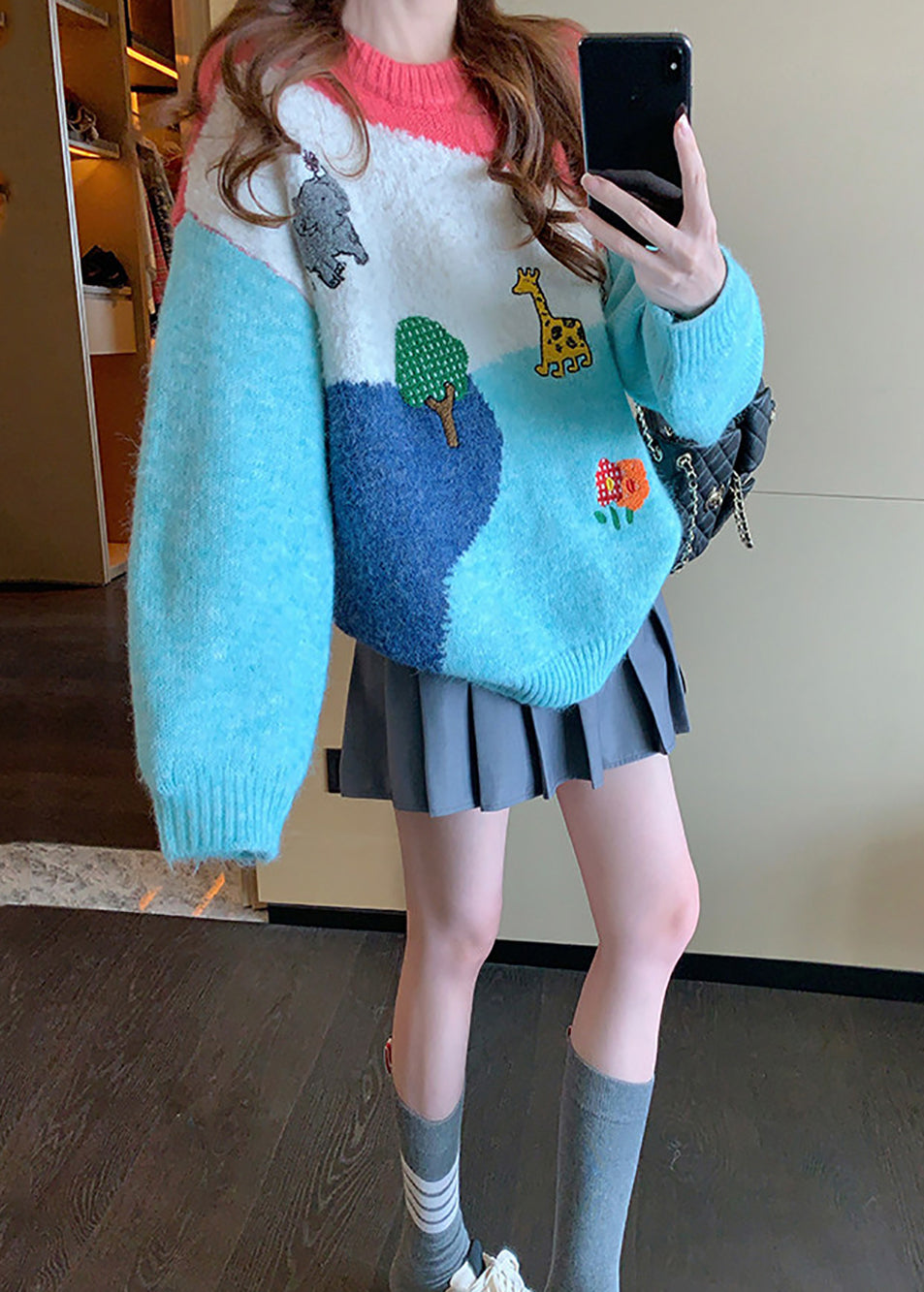 Casual Multicolor Patchwork O-Neck Embroidered Knit Sweater Top Fall