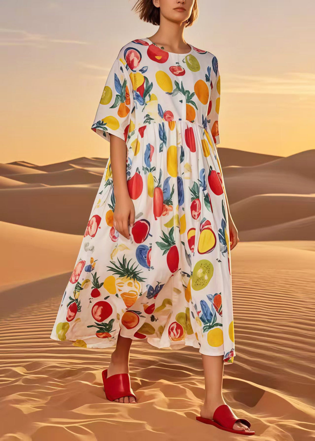 Casual Multicolour Fruit Print Cotton Loose Dress Summer