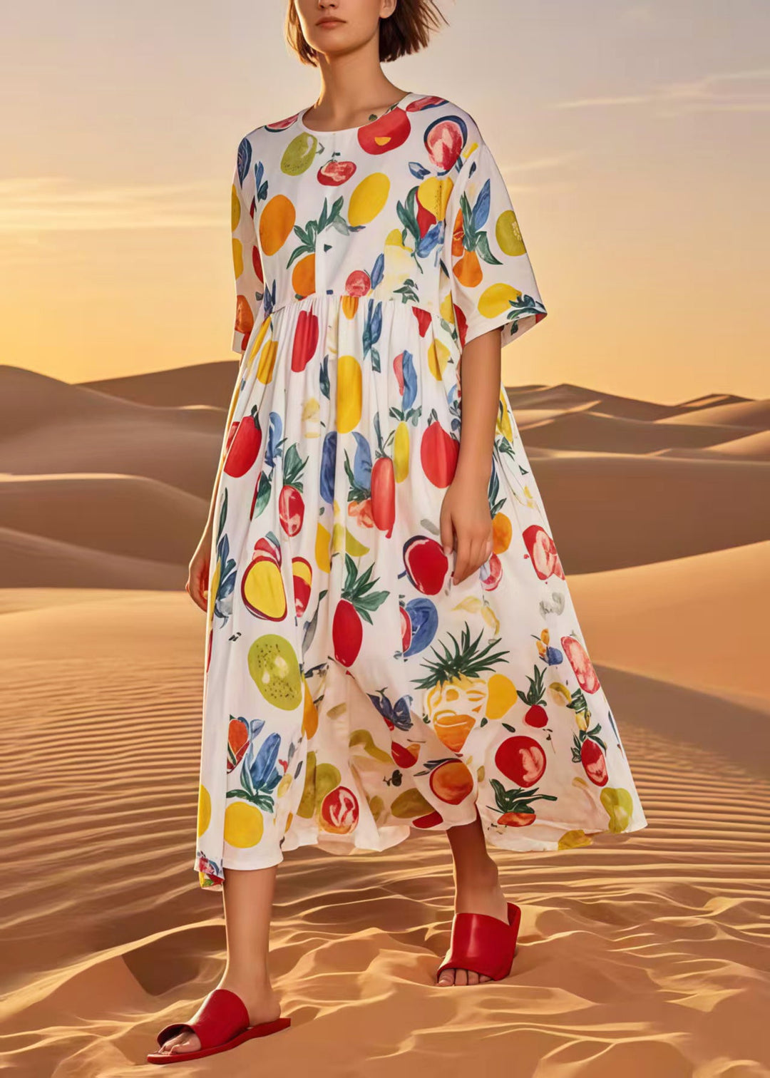 Casual Multicolour Fruit Print Cotton Loose Dress Summer