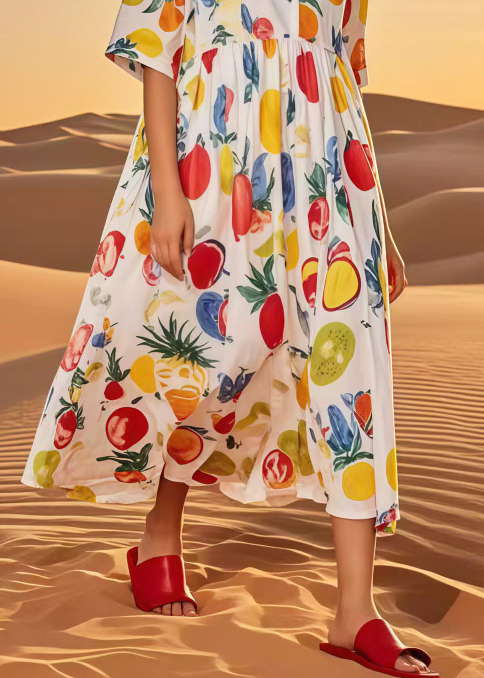 Casual Multicolour Fruit Print Cotton Loose Dress Summer