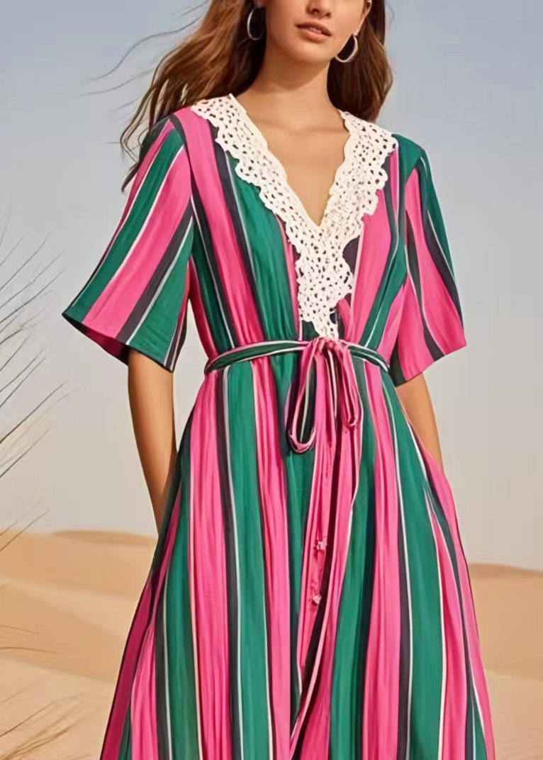 Casual Multicolour Striped Cotton Tunic Dress Summer