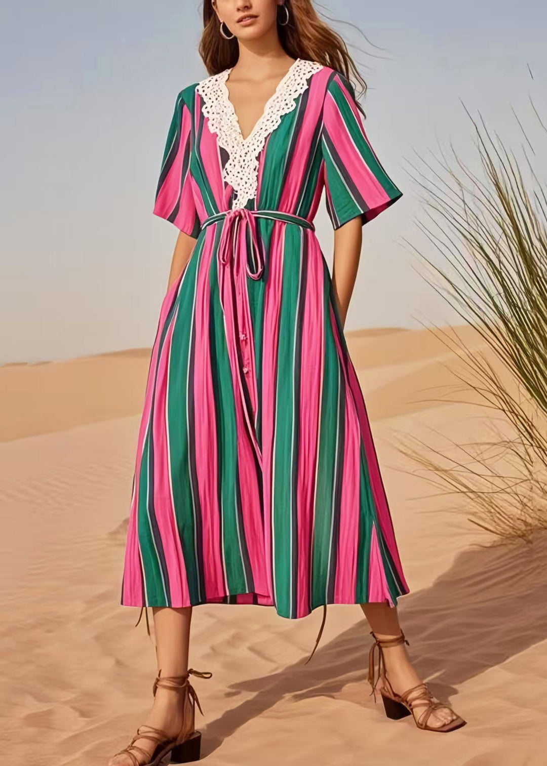 Casual Multicolour Striped Cotton Tunic Dress Summer