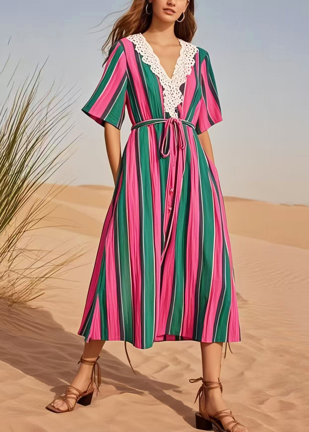 Casual Multicolour Striped Cotton Tunic Dress Summer