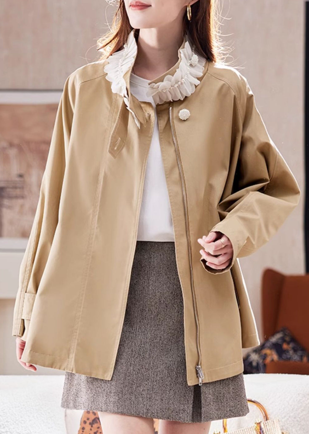 Casual Natural Khaki Stand Collar Nail Bead Patchwork Coat Spring