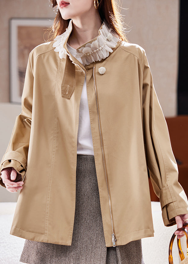 Casual Natural Khaki Stand Collar Nail Bead Patchwork Coat Spring