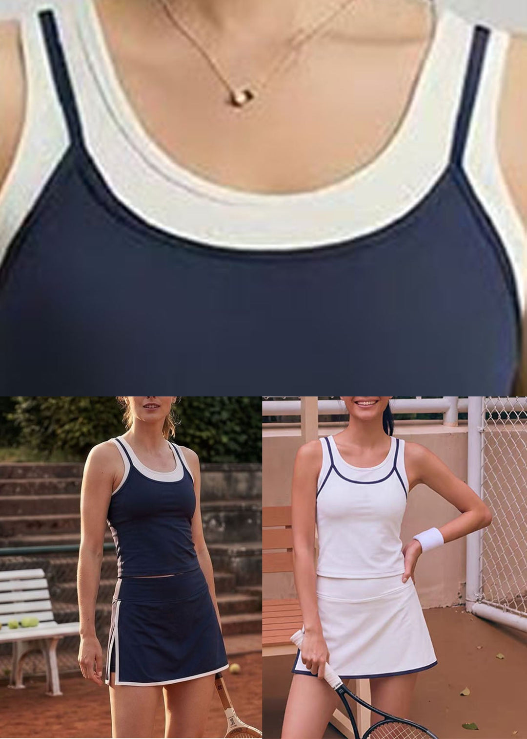 Casual Navy Blue Striped Backless Tennis Sportswear Two-Piece Set Summer