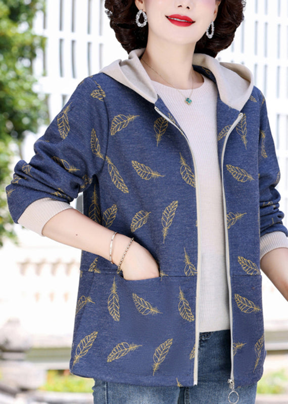 Casual Navy Blue Zippered Patchwork Hoodies Coats Fall