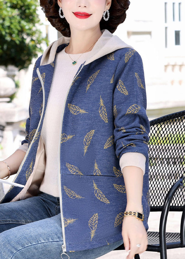 Casual Navy Blue Zippered Patchwork Hoodies Coats Fall