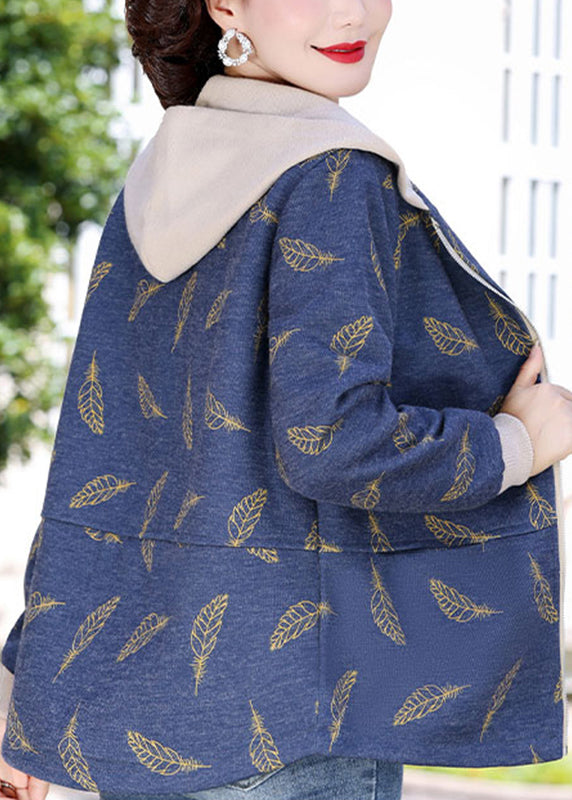 Casual Navy Blue Zippered Patchwork Hoodies Coats Fall