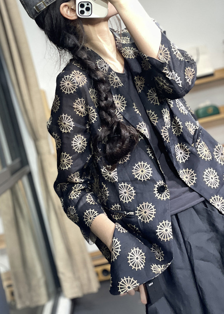 Casual Navy Notched Print Button Coats Long Sleeve
