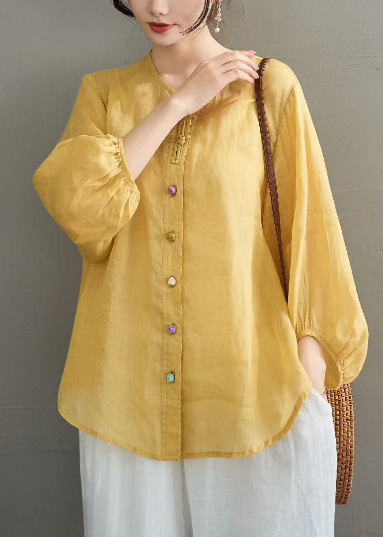 Casual Navy O Neck Button Loose Linen Shirts Summer