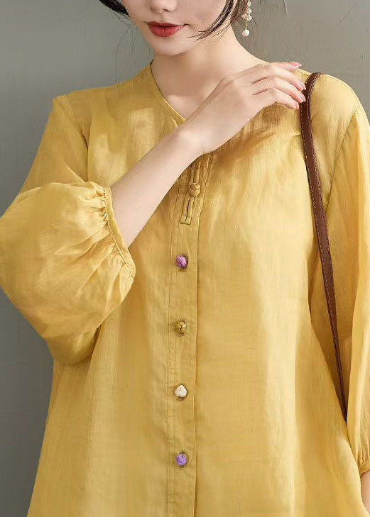 Casual Navy O Neck Button Loose Linen Shirts Summer