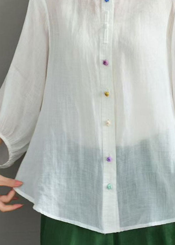 Casual Navy O Neck Button Loose Linen Shirts Summer