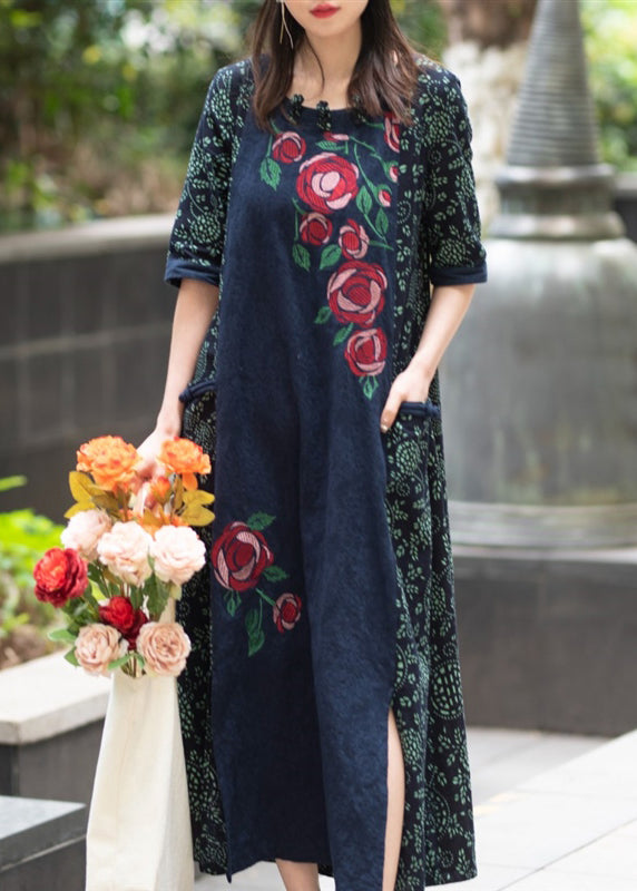 Casual Navy O-Neck Print Patchwork Side Open Robe Dresses Short Sleeve