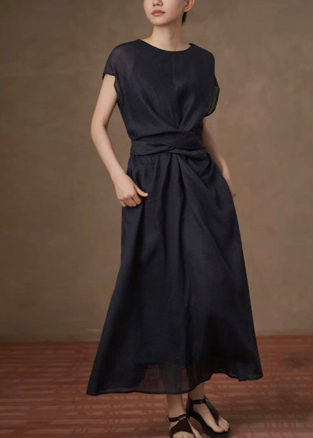 Casual Navy O-Neck Tie Waist Long Dress Summer