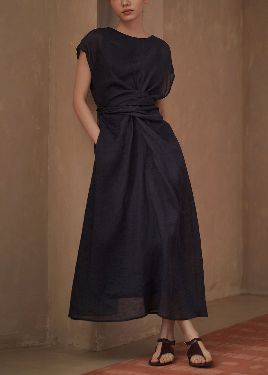 Casual Navy O-Neck Tie Waist Long Dress Summer