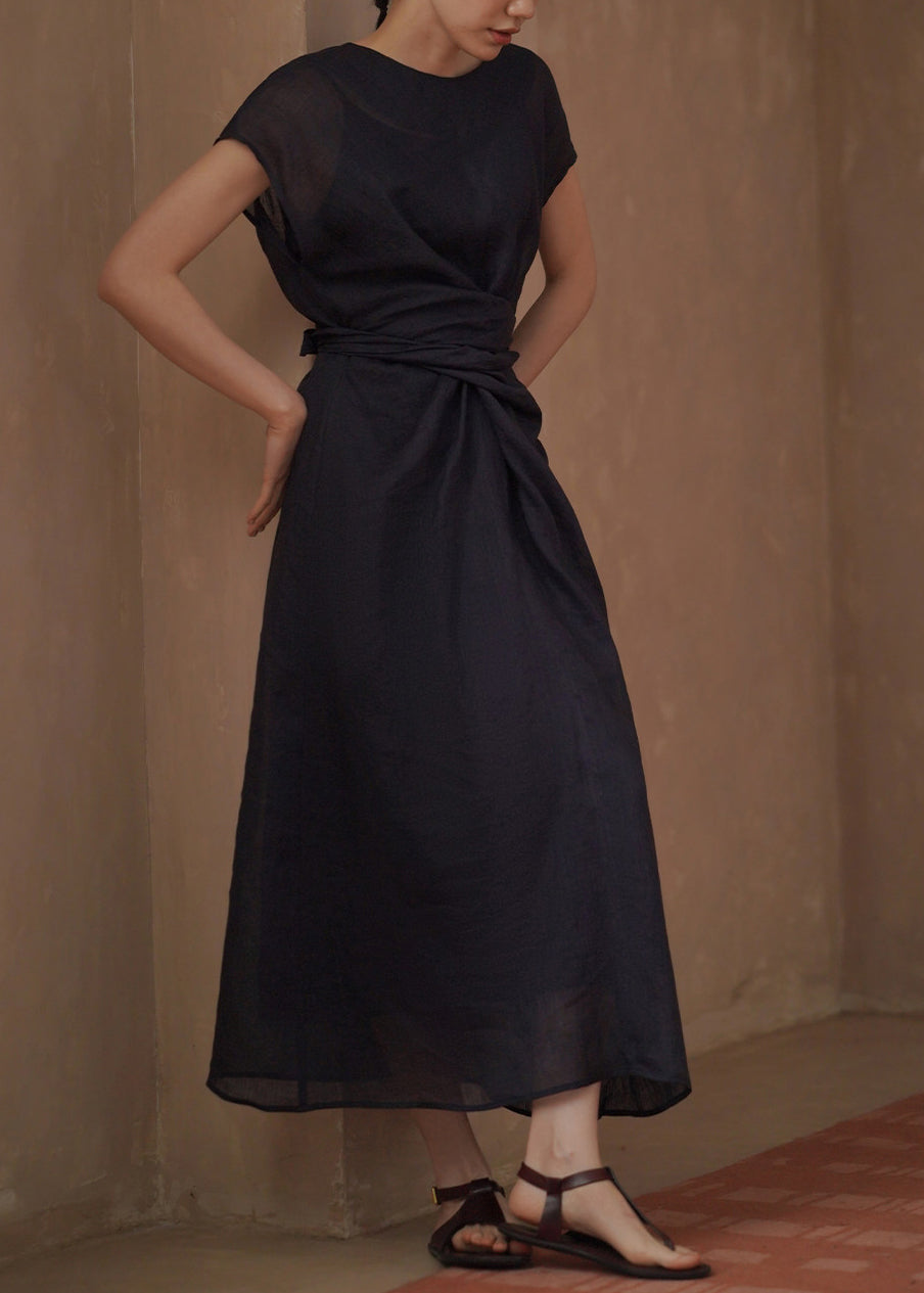 Casual Navy O-Neck Tie Waist Long Dress Summer