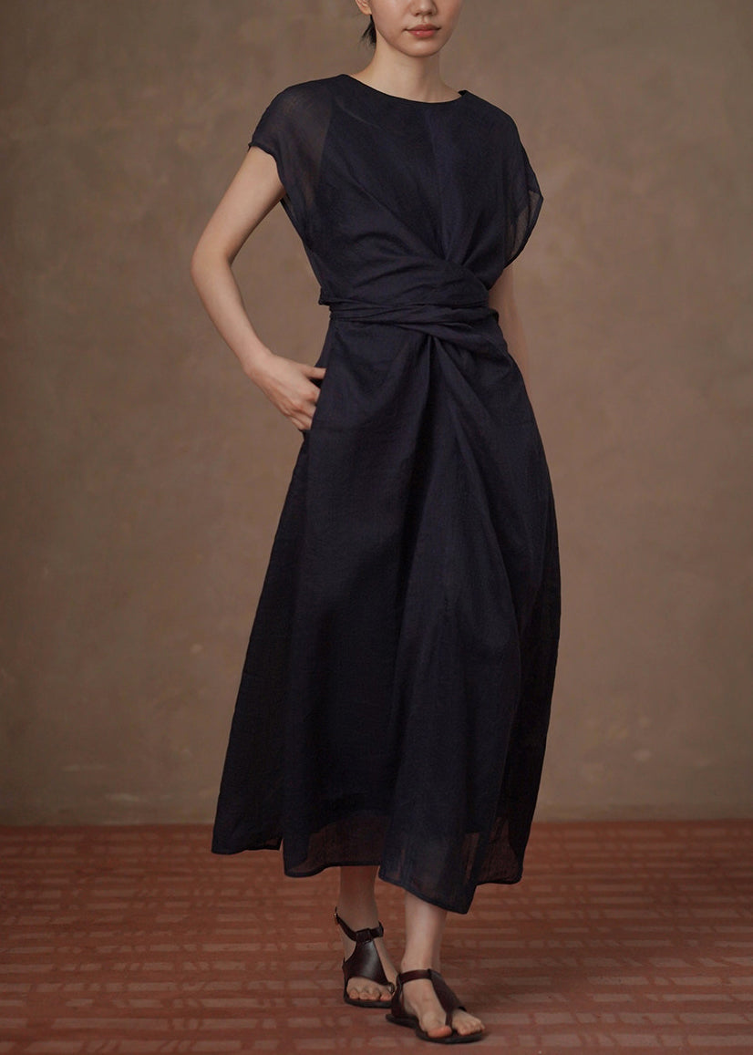 Casual Navy O-Neck Tie Waist Long Dress Summer