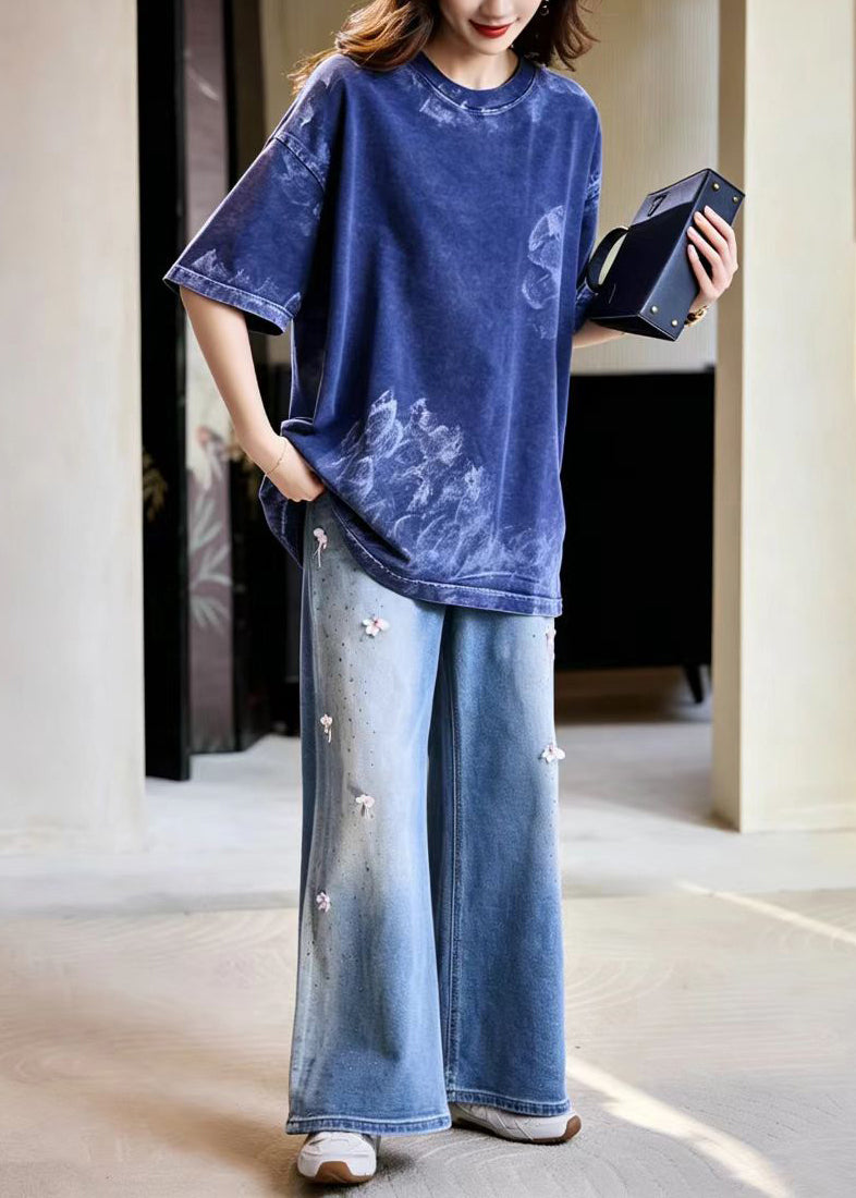 Casual Navy O-Neck Wash Print Cotton Top Half Sleeve