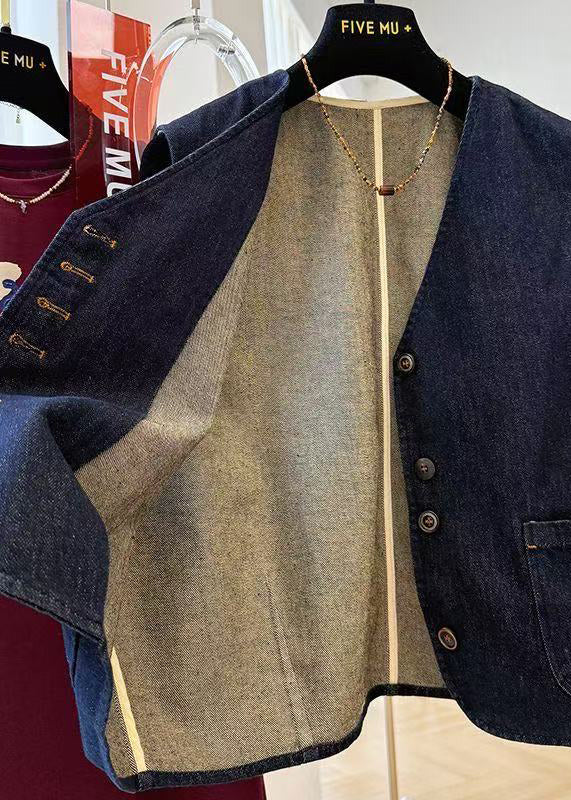 Casual Navy Oversized Pockets Denim Vests Fall