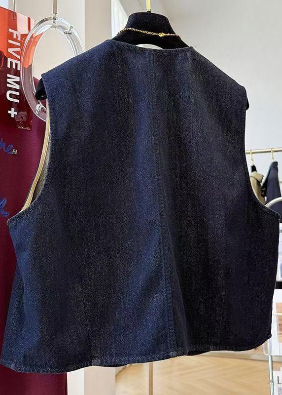 Casual Navy Oversized Pockets Denim Vests Fall