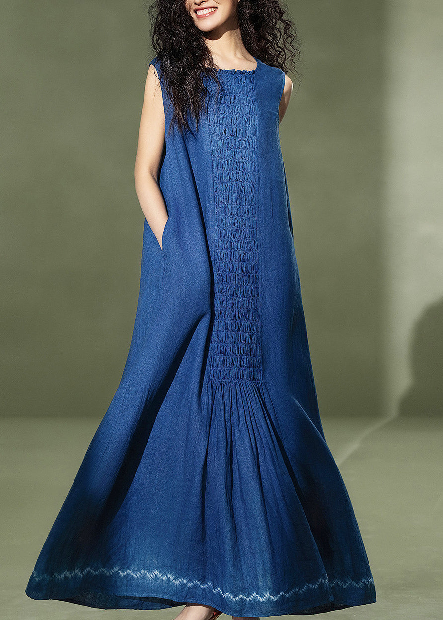 Casual Navy Oversized Wrinkled Linen Maxi Dress Sleeveless