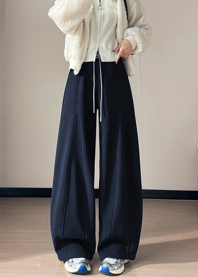 Casual Navy Patchwork Warm Fleece Wide Leg Pants Oversized Winter