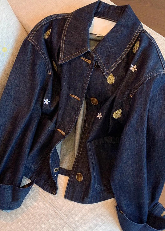 Casual Navy Peter Pan Collar Embroidered Denim Coat Fall