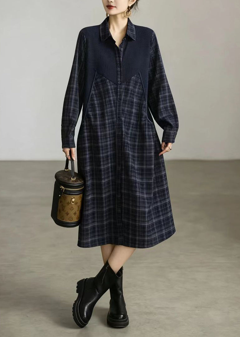 Casual Navy Plaid Turn-Down Collar Patchwork Fake Two Piece Shirts Dress Fall