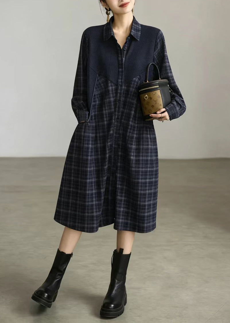 Casual Navy Plaid Turn-Down Collar Patchwork Fake Two Piece Shirts Dress Fall