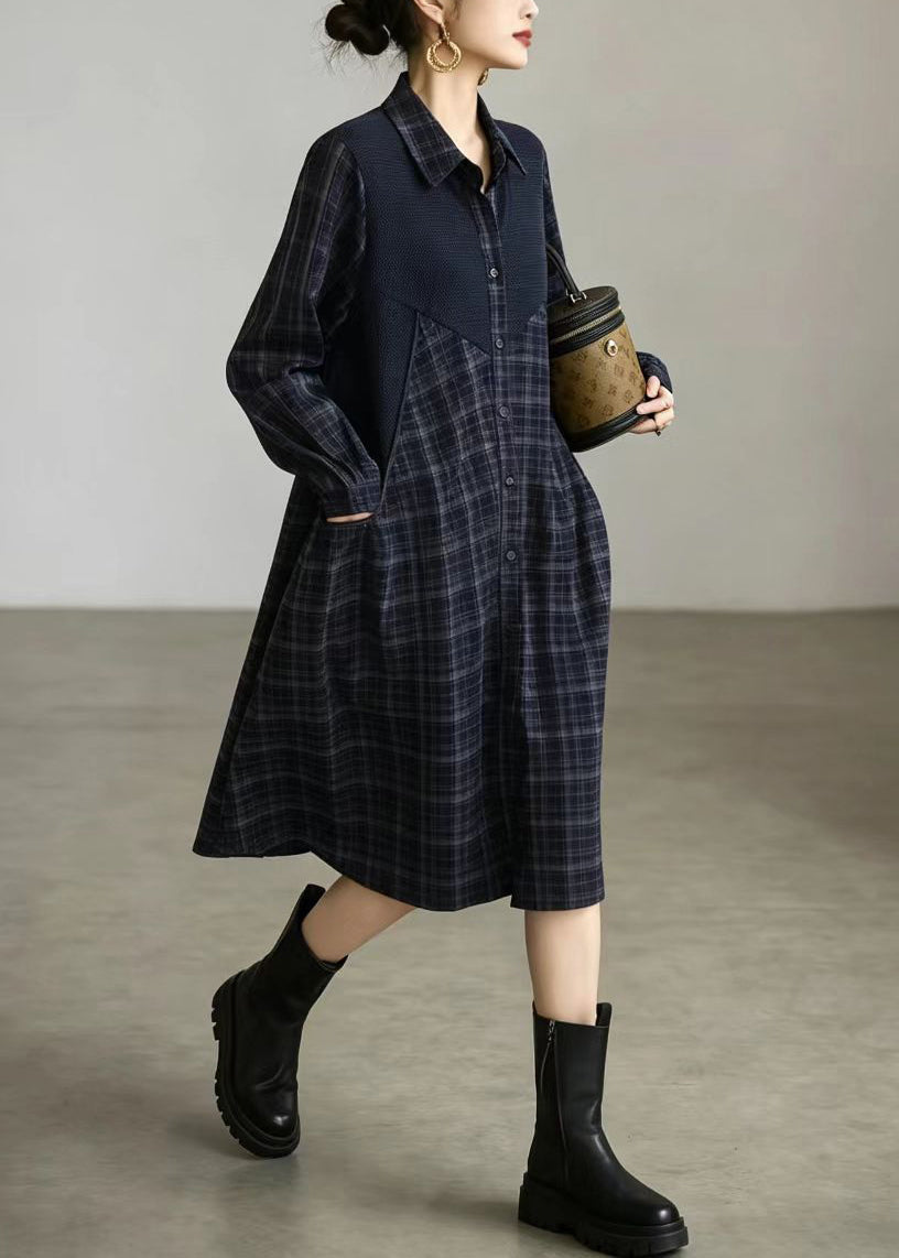 Casual Navy Plaid Turn-Down Collar Patchwork Fake Two Piece Shirts Dress Fall
