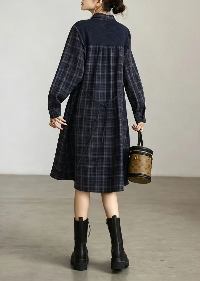 Casual Navy Plaid Turn-Down Collar Patchwork Fake Two Piece Shirts Dress Fall