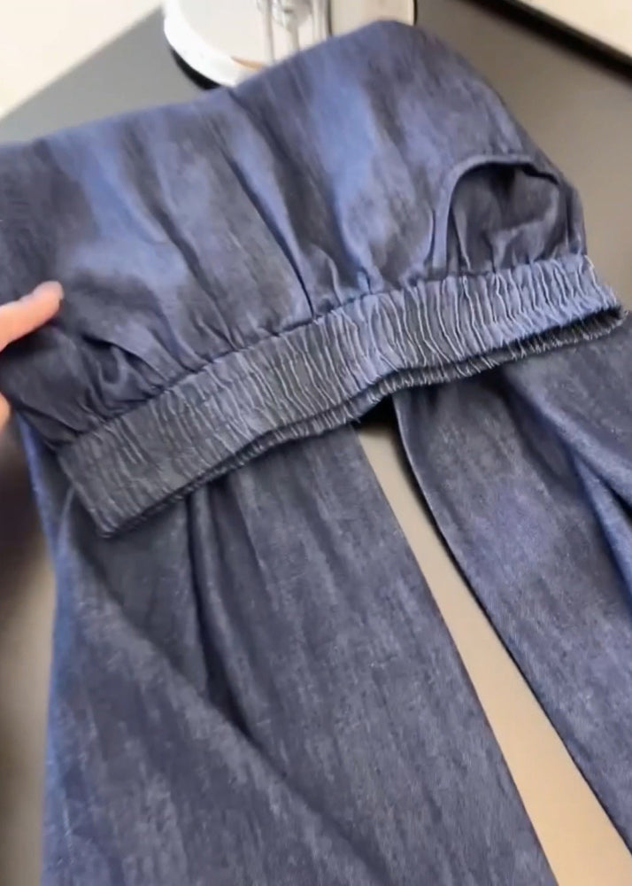 Casual Navy Pockets Lace Patchwork Denim Wide Leg Pants Fall