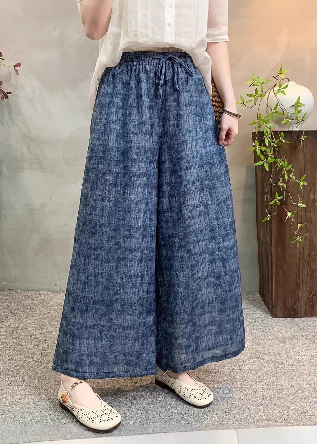 Casual Navy Pockets Tie Dye Elastic Waist Linen Pants Summer