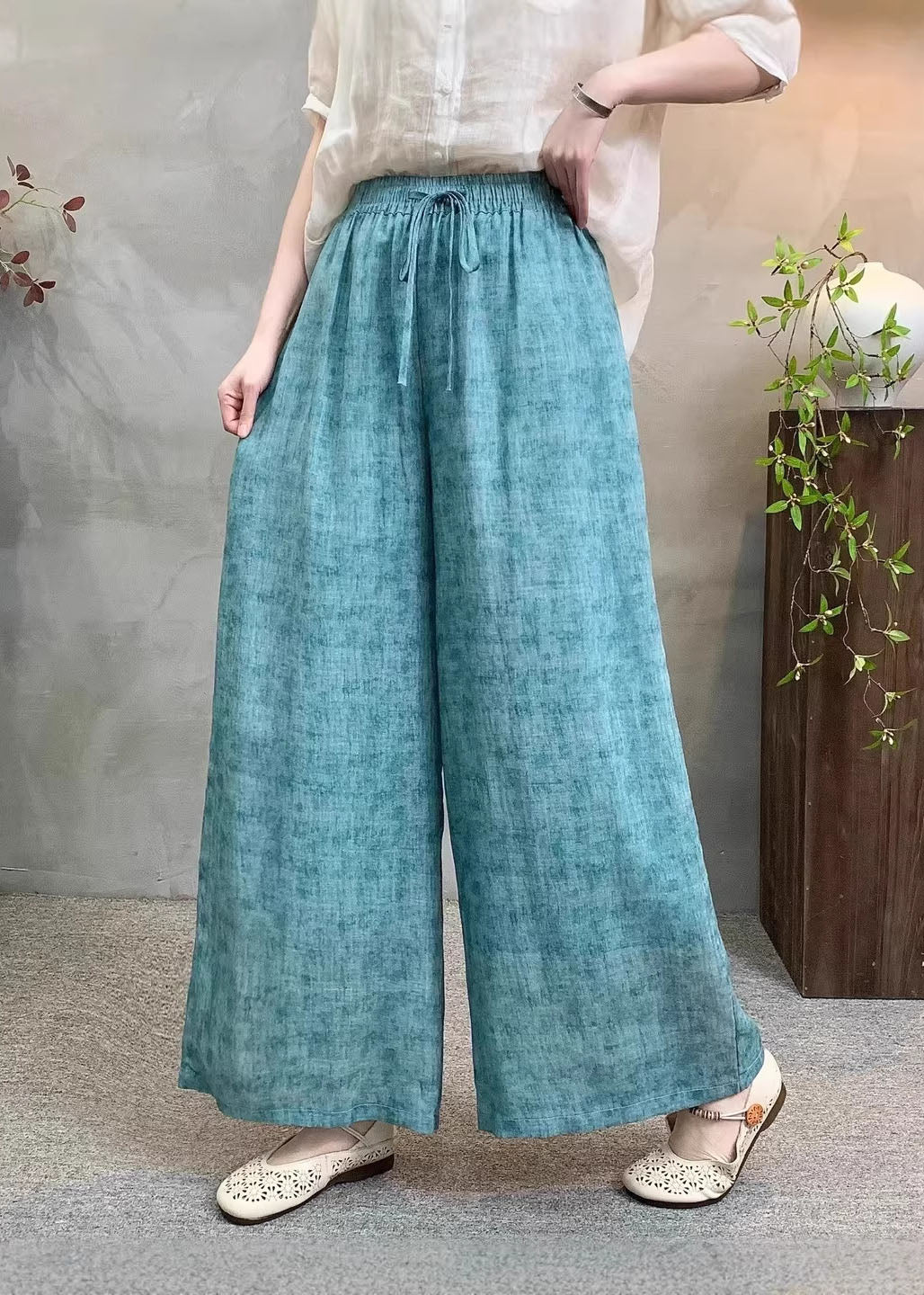 Casual Navy Pockets Tie Dye Elastic Waist Linen Pants Summer