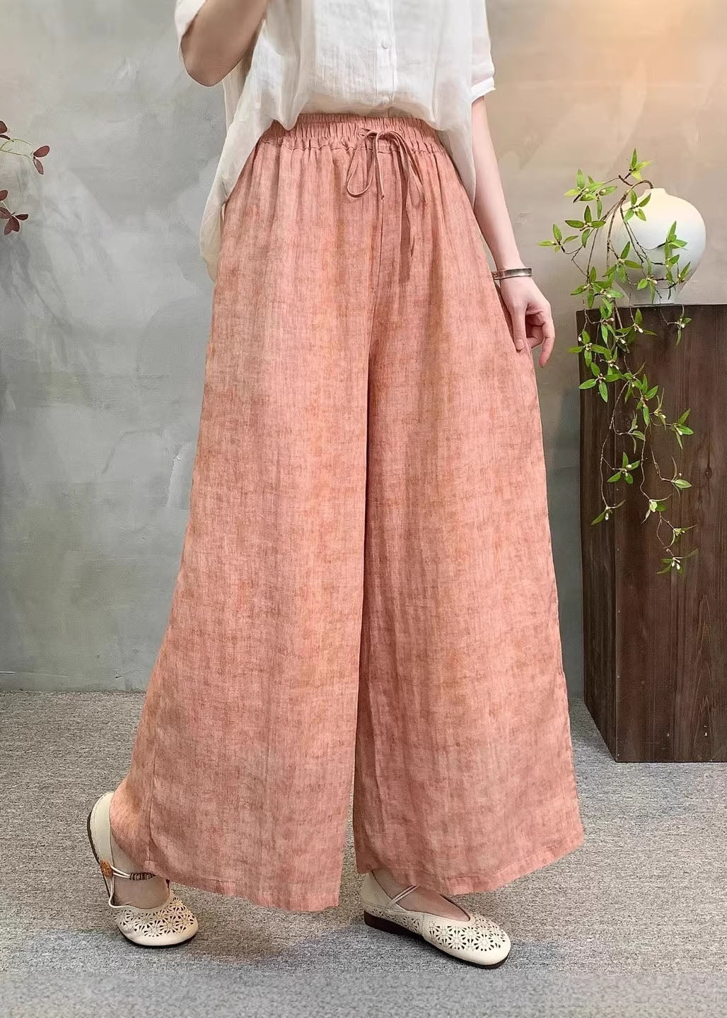 Casual Navy Pockets Tie Dye Elastic Waist Linen Pants Summer
