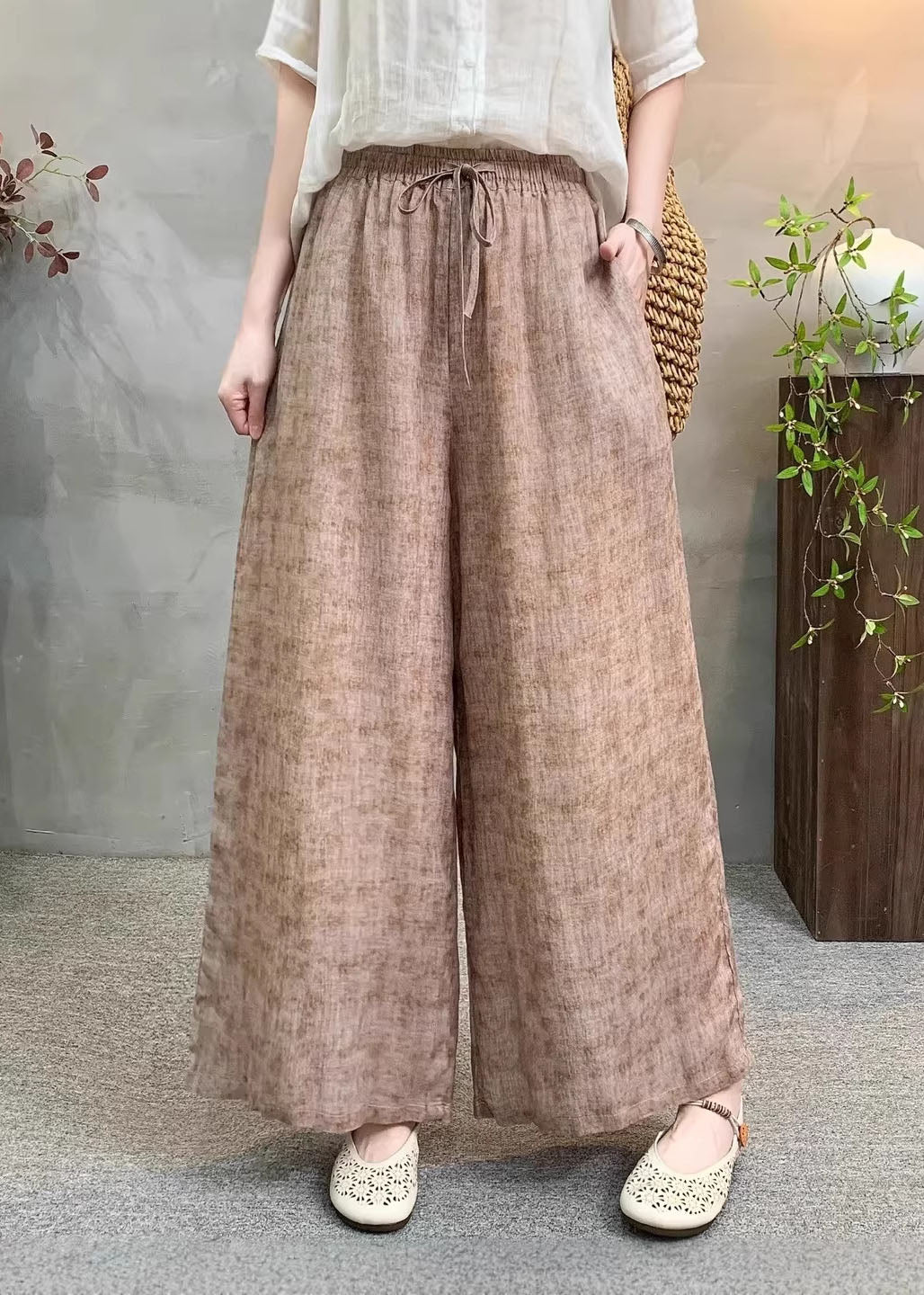 Casual Navy Pockets Tie Dye Elastic Waist Linen Pants Summer