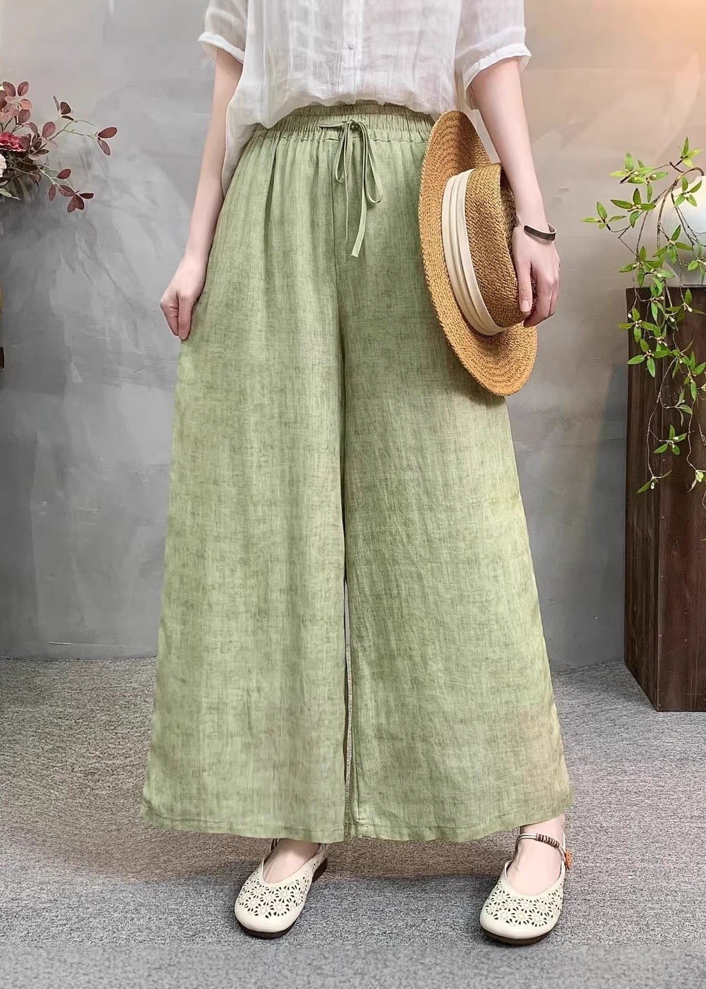 Casual Navy Pockets Tie Dye Elastic Waist Linen Pants Summer